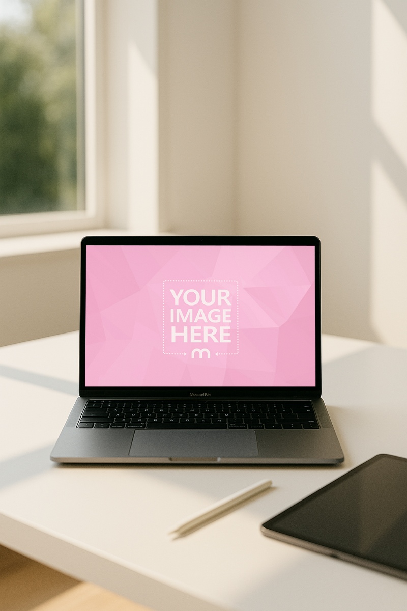 MacBook Laptop Mockup on White Desk for Ad Preview preview image