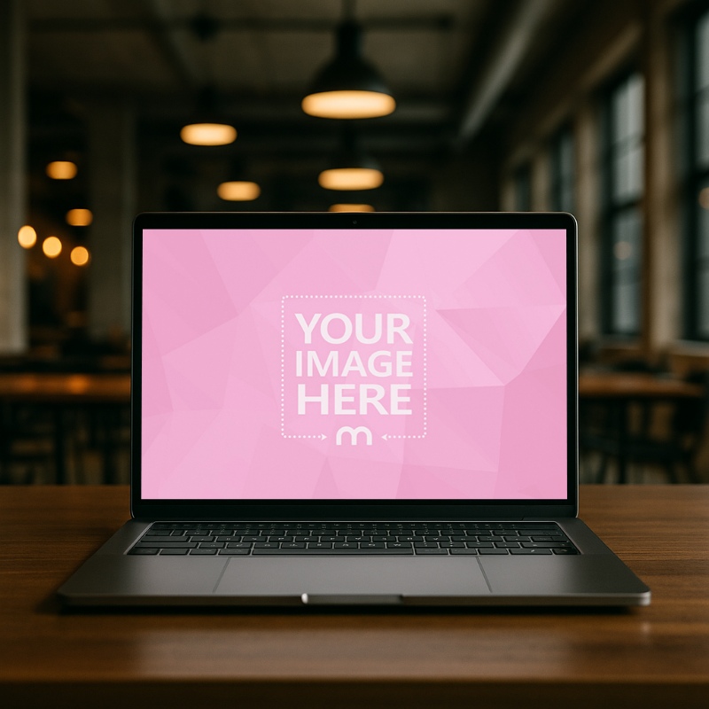 MacBook Laptop Mockup in Co-Working Space with Industrial Decor preview image