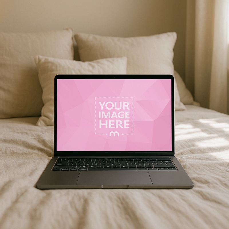 MacBook Laptop Mockup on Bed in Morning Sunlight preview image