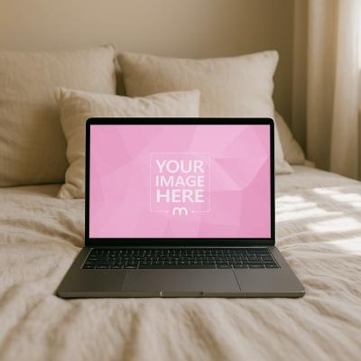 MacBook Laptop Mockup on Bed in Morning Sunlight