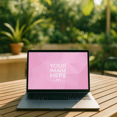 MacBook Laptop Mockup on Outdoor Patio Table with Plants