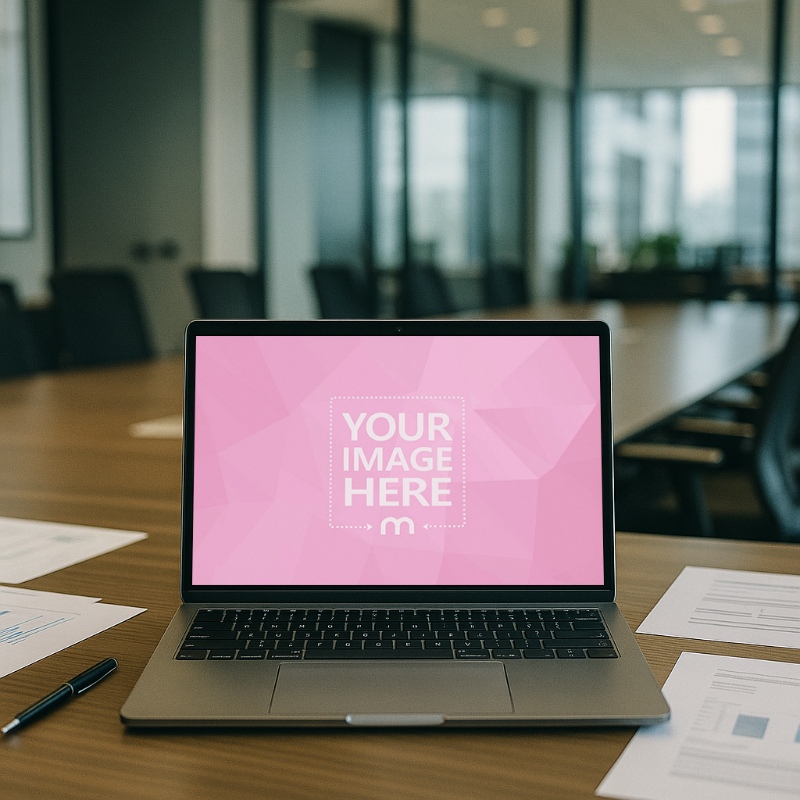 MacBook Laptop Mockup on Conference Table with Documents preview image
