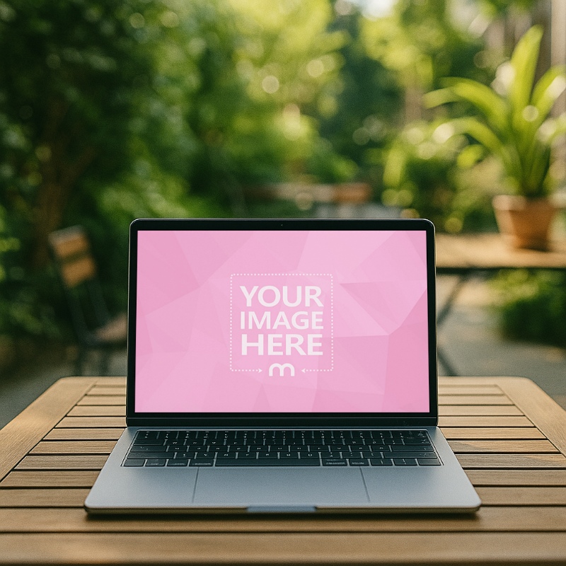 MacBook Laptop Mockup on Outdoor Table with Plants in Sunlight preview image