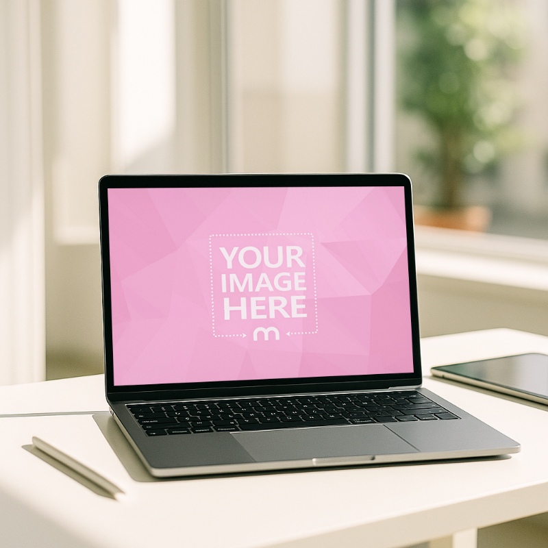MacBook Laptop Mockup on White Desk with Tablet and Stylus preview image