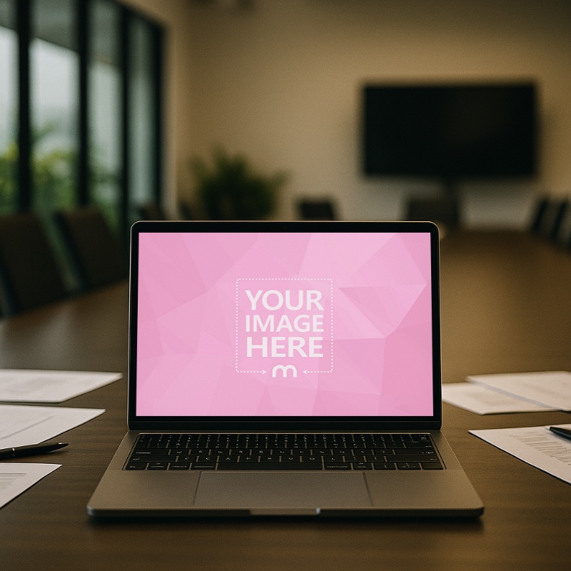 MacBook Laptop Mockup on Conference Table with Office Setup preview image