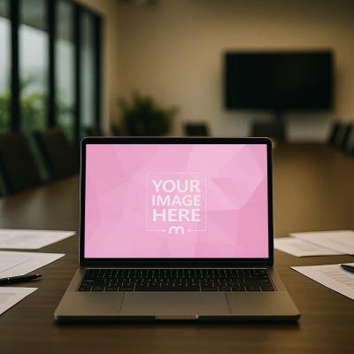 MacBook Laptop Mockup on Conference Table with Office Setup