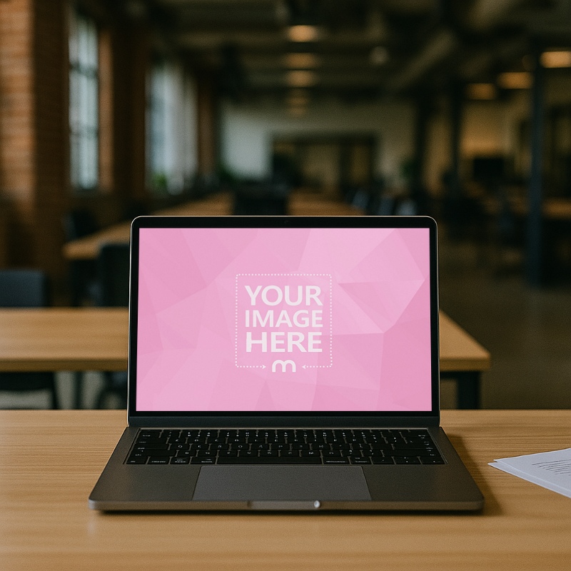 MacBook Laptop Mockup in Co-Working Space with Blurred Desks preview image