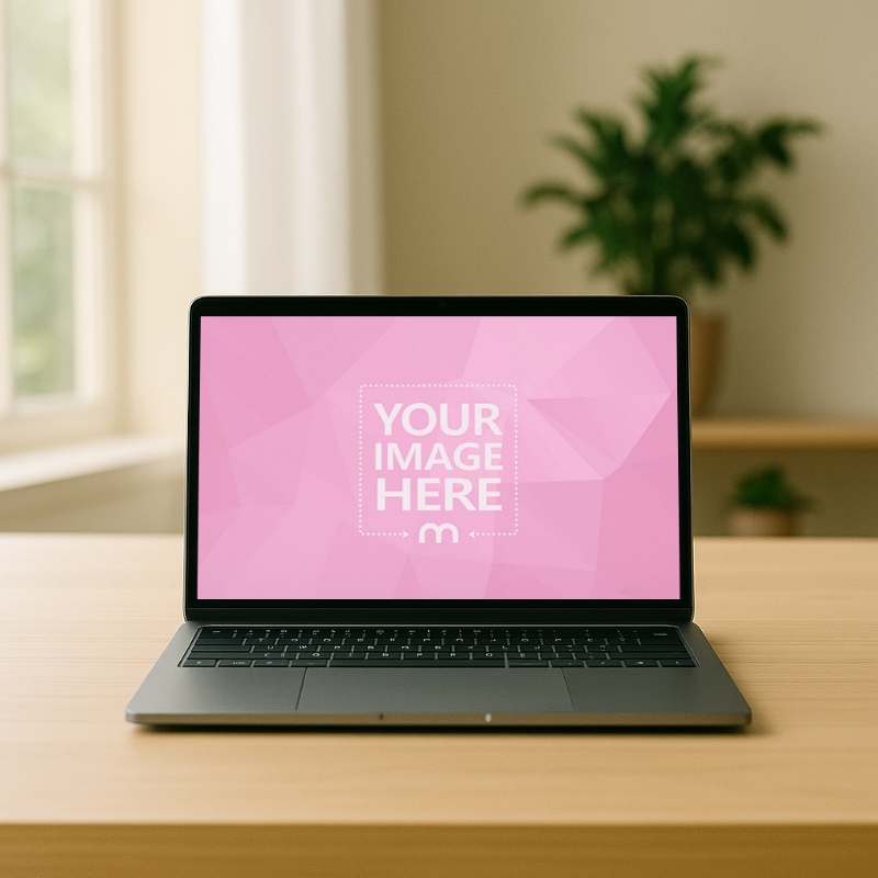 MacBook Laptop Mockup on Wooden Desk with Plant and Windows preview image