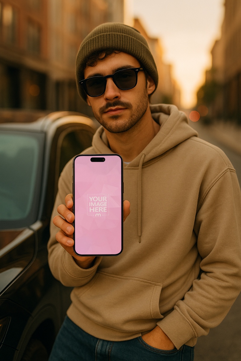 iPhone 16 Pro Mockup with Male Model in Casual Streetwear preview image