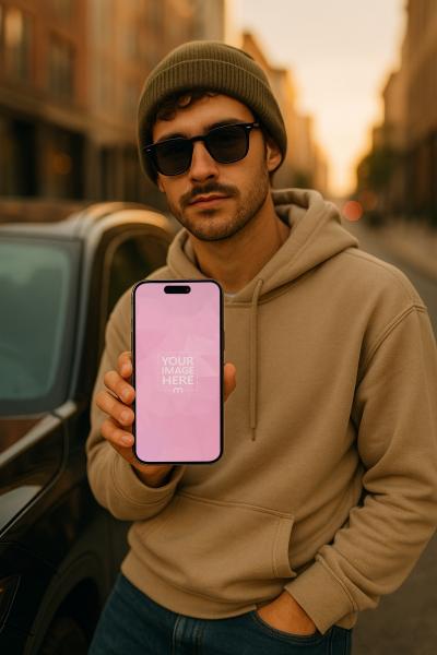 iPhone 16 Pro Mockup with Male Model in Casual Streetwear
