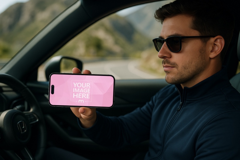 iPhone 16 Pro Max Mockup with Male Model in Driver Seat preview image