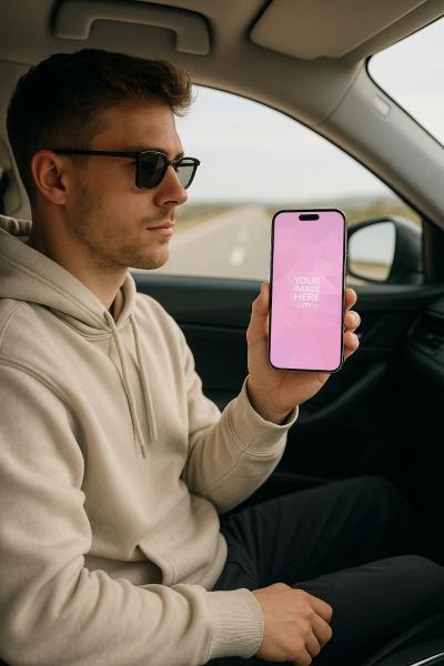 iPhone 16 Pro Max Mockup with Male Model in Minimal Car Interior