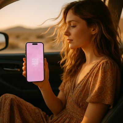 iPhone 16 Pro Max Mockup with Female Model in Desert Car Scene