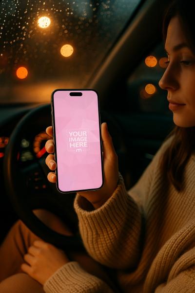 iPhone 16 Pro Max Mockup with Female Model in Rainy Car Interior