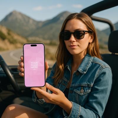 iPhone 16 Pro Max Mockup with Female Model in Open-Top Jeep