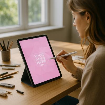 iPad Mockup with Digital Art Supplies in Bright Studio Space