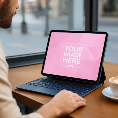 iPad Mockup with Male Model Working at Stylish Cafe Table
