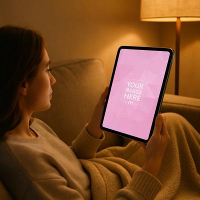 iPad Mockup with Female Model Relaxing on Sofa with Blanket