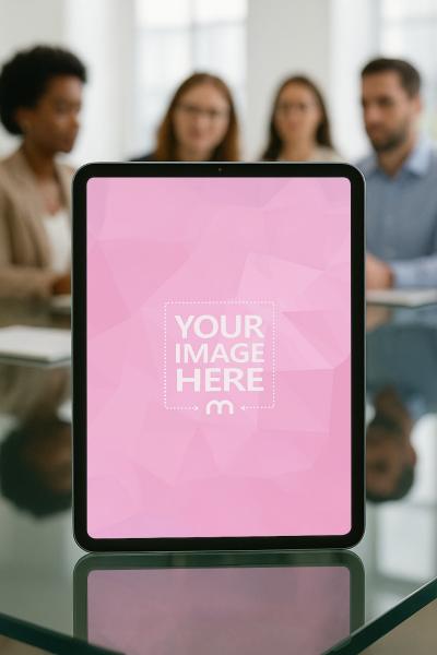 iPad Mockup on Glass Conference Table with Team Collaboration