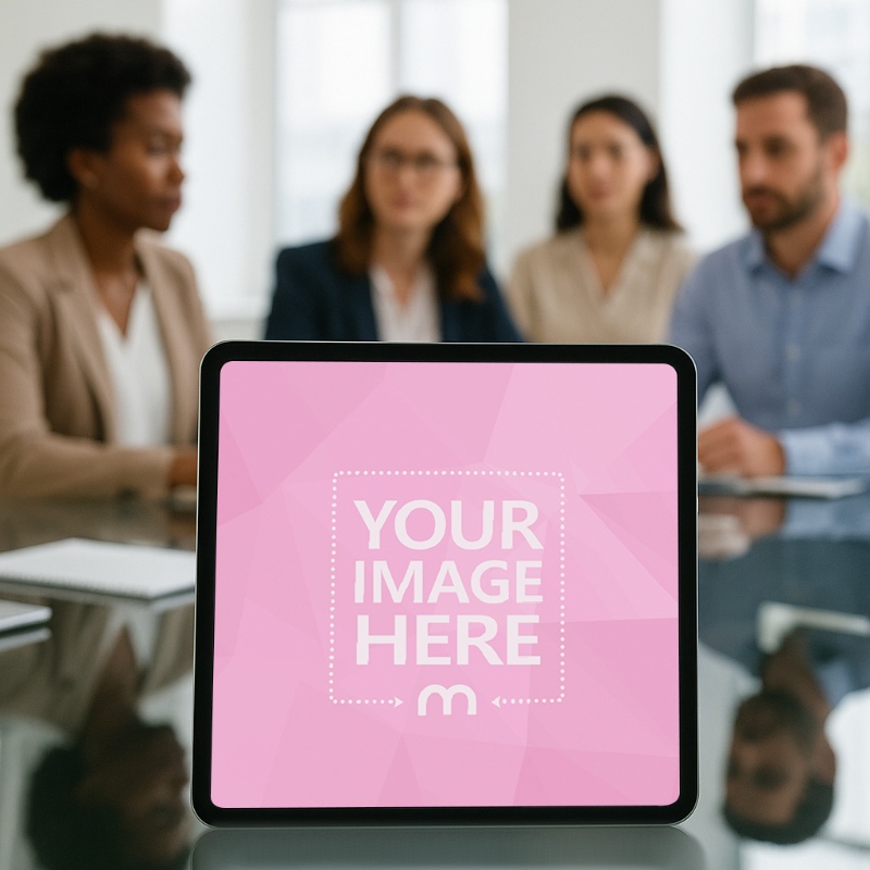 iPad Mockup on Glass Conference Table in Business Meeting preview image