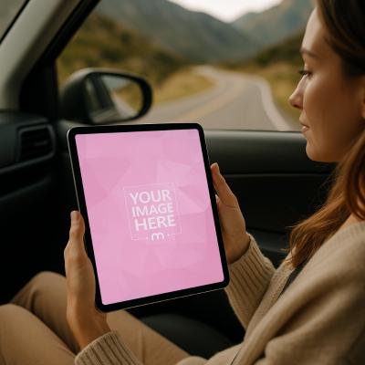 iPad Mockup with Female Traveler in Car on Mountain Road