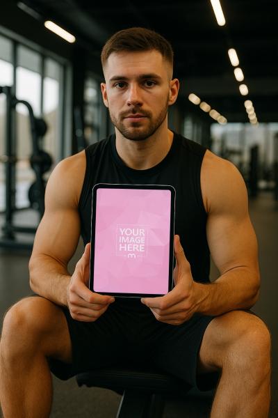 iPad Mockup with Male Athlete Sitting on Gym Bench