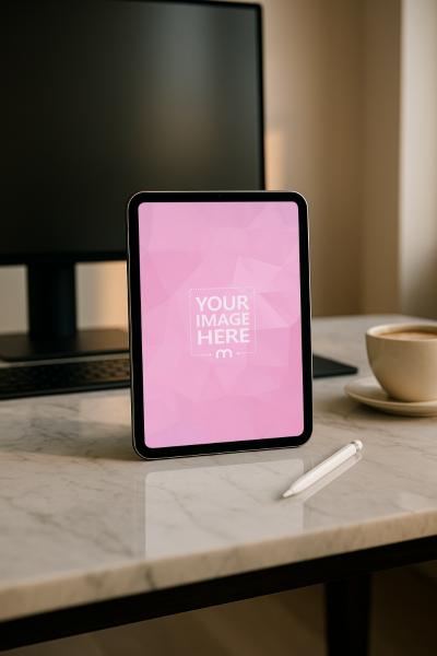 iPad Mockup on Marble Desk with Stylus, Coffee, and Monitor