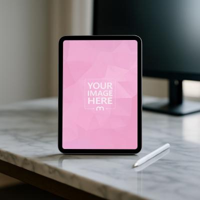 iPad Mockup on White Marble Desk with Stylus and Large Monitor