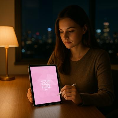 iPad Mockup with Female Model Working at Night in City View