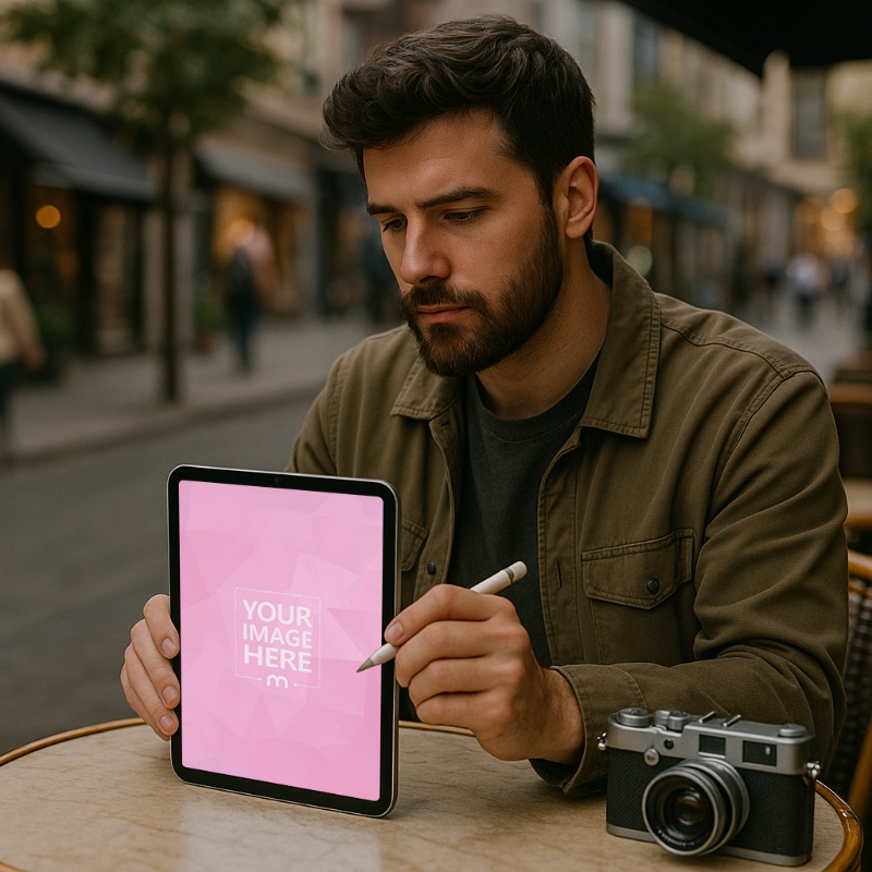 iPad Mockup with Male Photographer Editing Photos at Cafe preview image