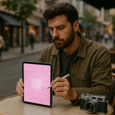 iPad Mockup with Male Photographer Editing Photos at Cafe