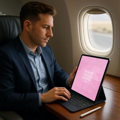 iPad Mockup with Male Model Working in Business Class Airplane