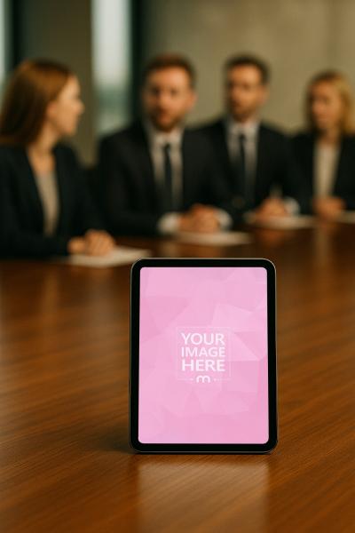 iPad Mockup on Boardroom Table with Business Professionals