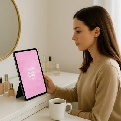 iPad Mockup with Female Model on Desk with Beauty Products