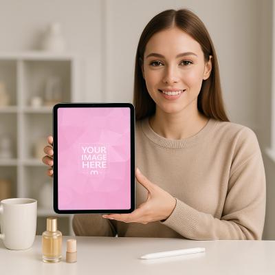 iPad Mockup with Female Model Presenting at Beauty Desk Setup