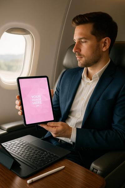 iPad Mockup with Male Model Working in Airplane Business Class