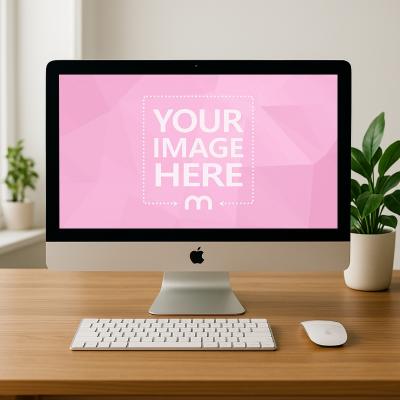 iMac Mockup on Wooden Desk with Plant and Soft Daylight