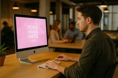 iMac Mockup with Male Model in Collaborative Co-Working Space