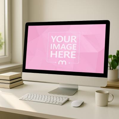 iMac Mockup on White Desk with Books, Coffee, and Morning Light