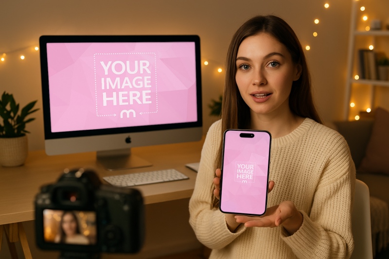 iMac and iPhone Mockup with Female Model Vlogging at Home Desk preview image