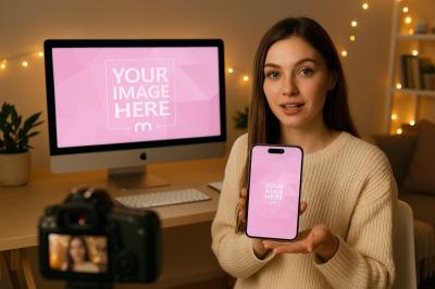 iMac and iPhone Mockup with Female Model Vlogging at Home Desk