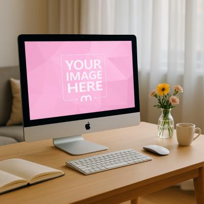 iMac Mockup on Living Room Desk with Flowers and Afternoon Light