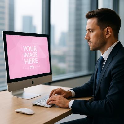 iMac Mockup with Male Model in Suit at Modern Office Window