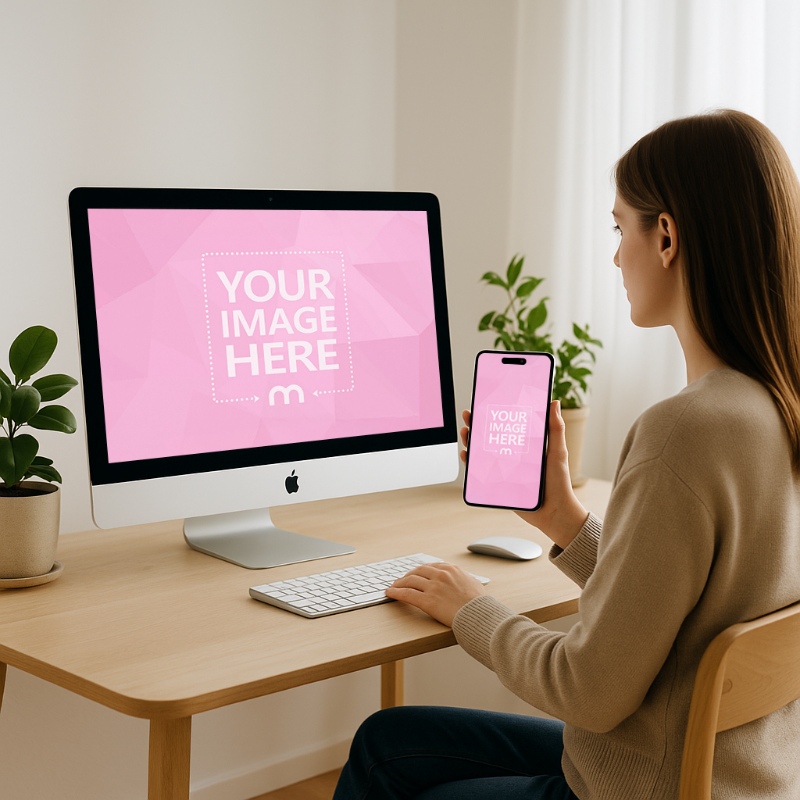 iMac and iPhone Mockup with Female Model at Modern Desk preview image