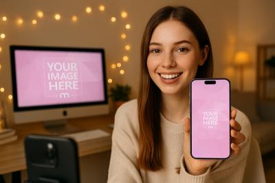 iMac and iPhone Mockup with Female Model at Cozy Home Desk