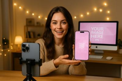 iPhone and iMac Mockup with Female Model Vlogging at Home Desk