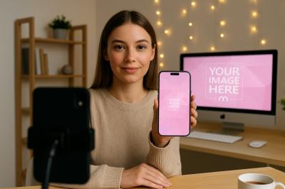 iMac and iPhone Mockup for Vlogging at Cozy Home Workspace