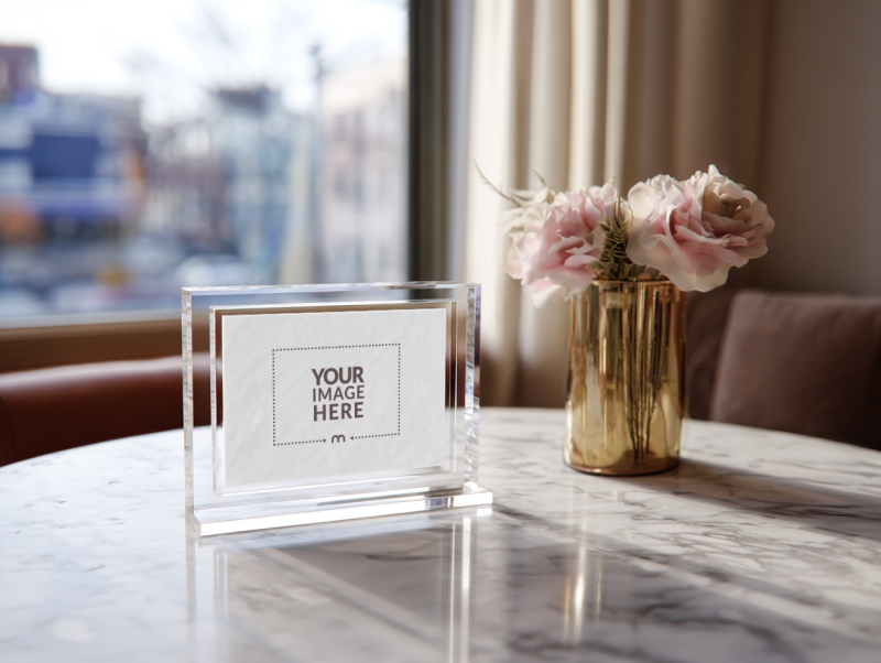 Acrylic Frame Mockup on Marble Table for Signage and Branding preview image