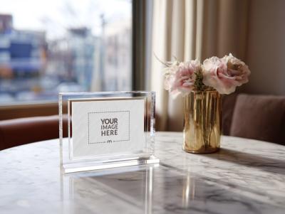 Acrylic Frame Mockup on Marble Table for Signage and Branding
