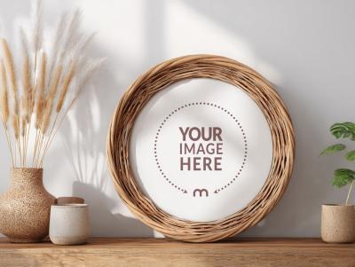 Round Rattan Frame Mockup for Cozy Farmhouse Decor